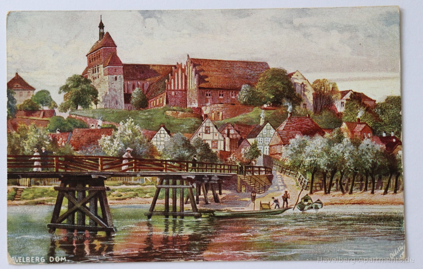 Postkarte um 1920: Dombrücke, Domtreppe und Dom zu Havelberg