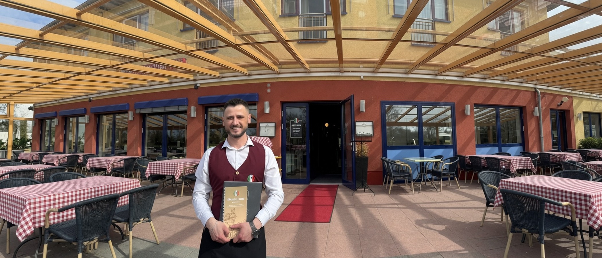 Inhaber von Mezza Luna vor dem Eingang und der Terrasse am Hotel am Hafen