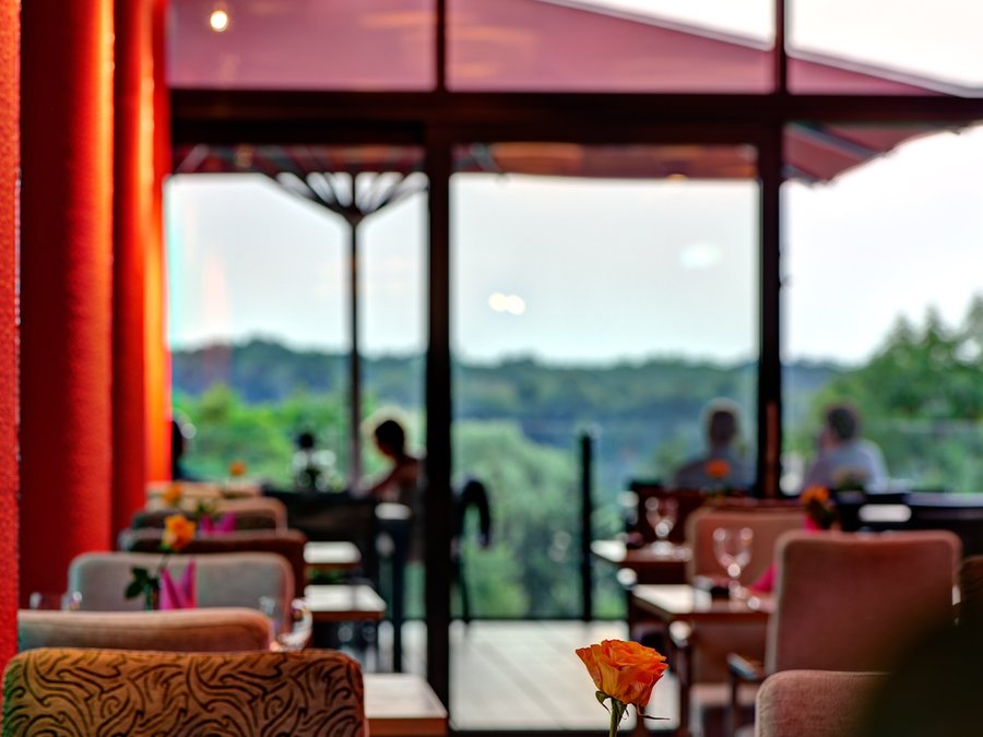 Wintergarten des Restaurants Schmokenberg mit Blick in die Landschaft und oranger Rose im Vordergrund